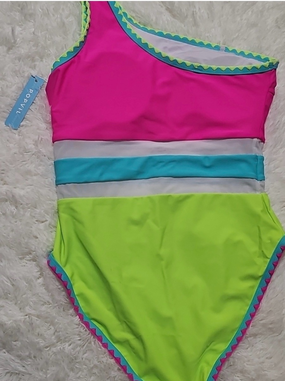 One-Shoulder Colorblock Women’s One-Piece Swimsuit - Hot Pink & Lime - Picture 4 of 5